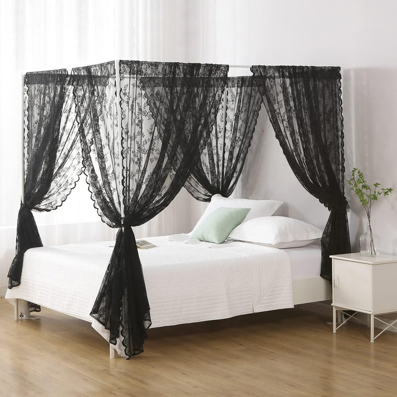 WANFASO Black French Lace Canopy Bed Curtain Queen, Gothic Style Bed Canopy for Girls Bed Scarf Room Decor - Image 1